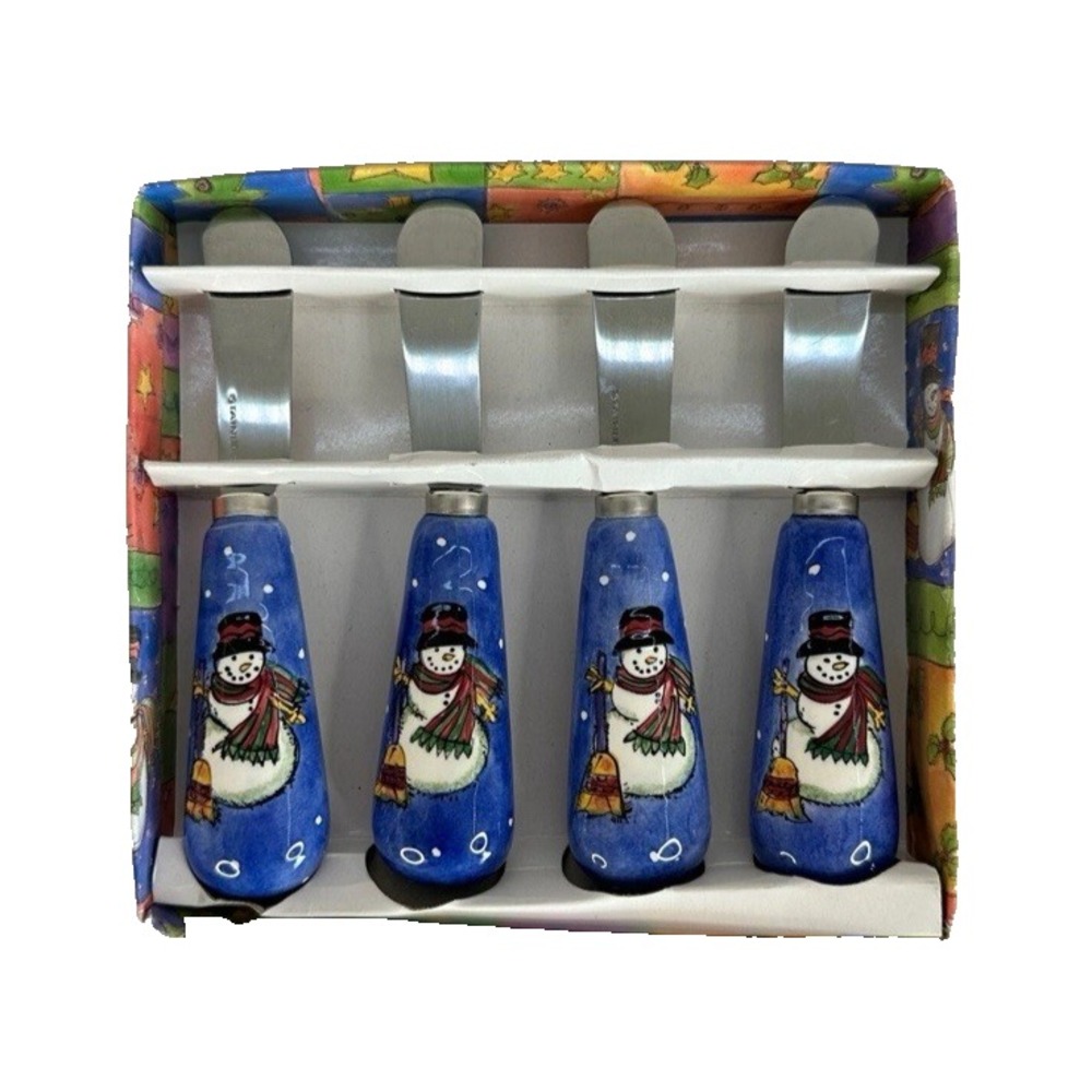 Sango Christmas Snowman Cheese Spreader Knives Stainless Sue Zipkin‎ Set of 4